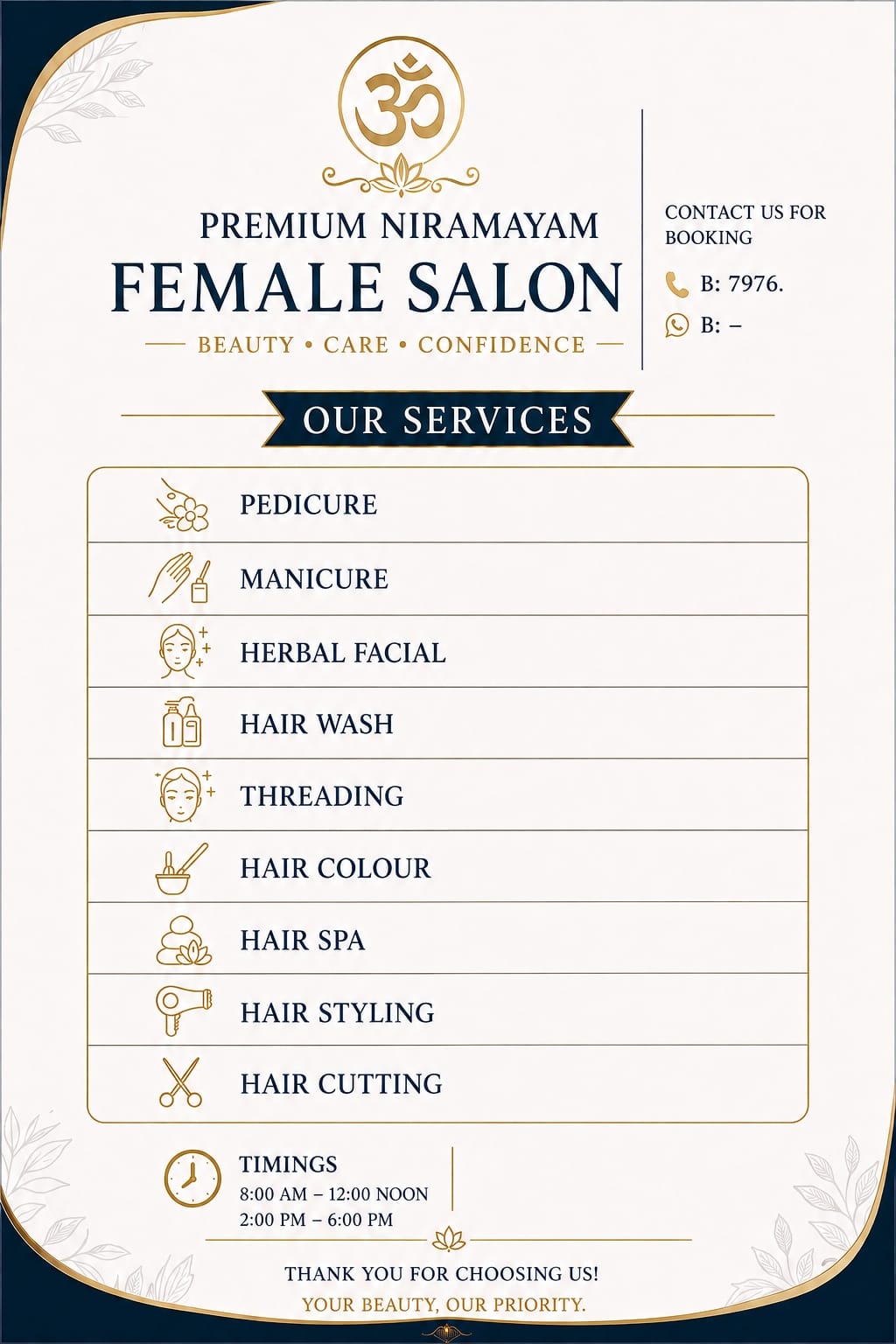 Premium Niramayam Female Saloon price list